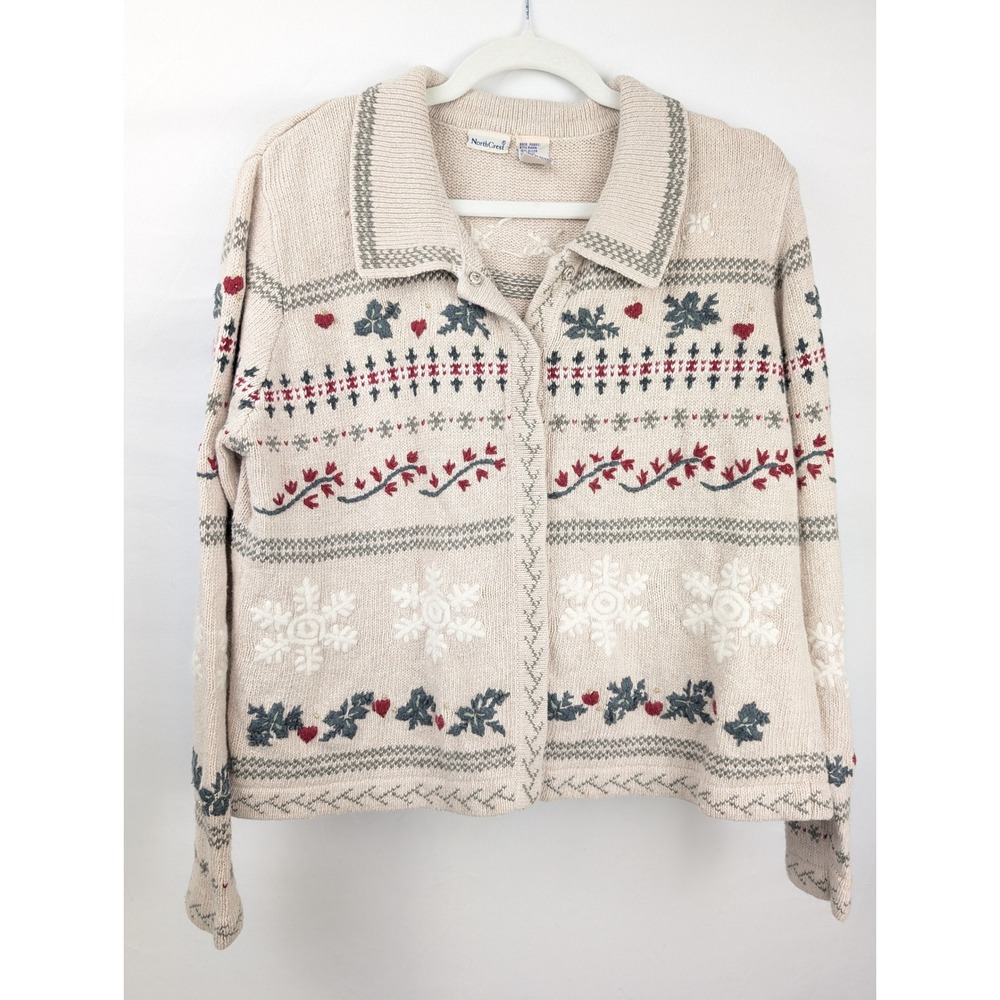 Vintage 90s Fair Isle Snowflake Cardigan Size L Cottage Ugly Christmas Novelty
